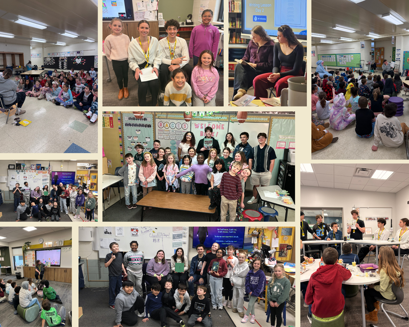 collage photos of huskies with elementary students for March is Reading Month