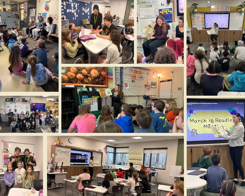 collage photos of huskies with elementary students for March is Reading Month