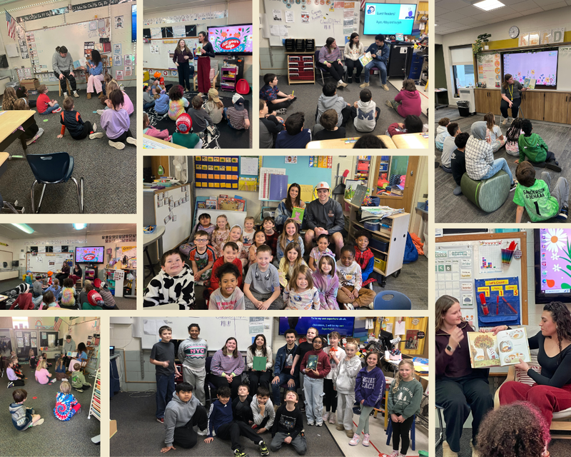 collage photos of huskies with elementary students for March is Reading Month