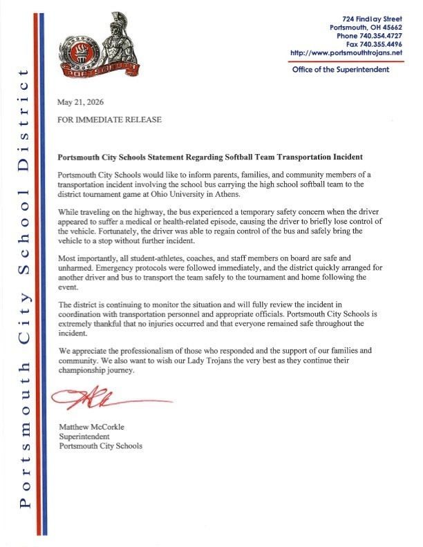 Portsmouth City Schools Statement Regarding Softball Team Transportation Incident