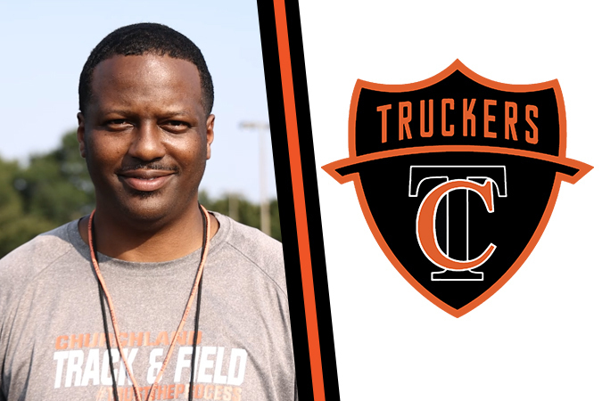 Coach Harper next to Churchland High School Logo