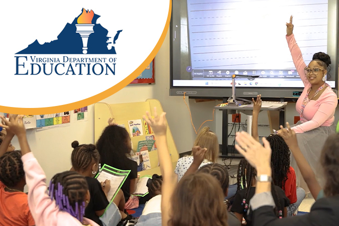 VDOE Logo over classroom photo of teacher and students