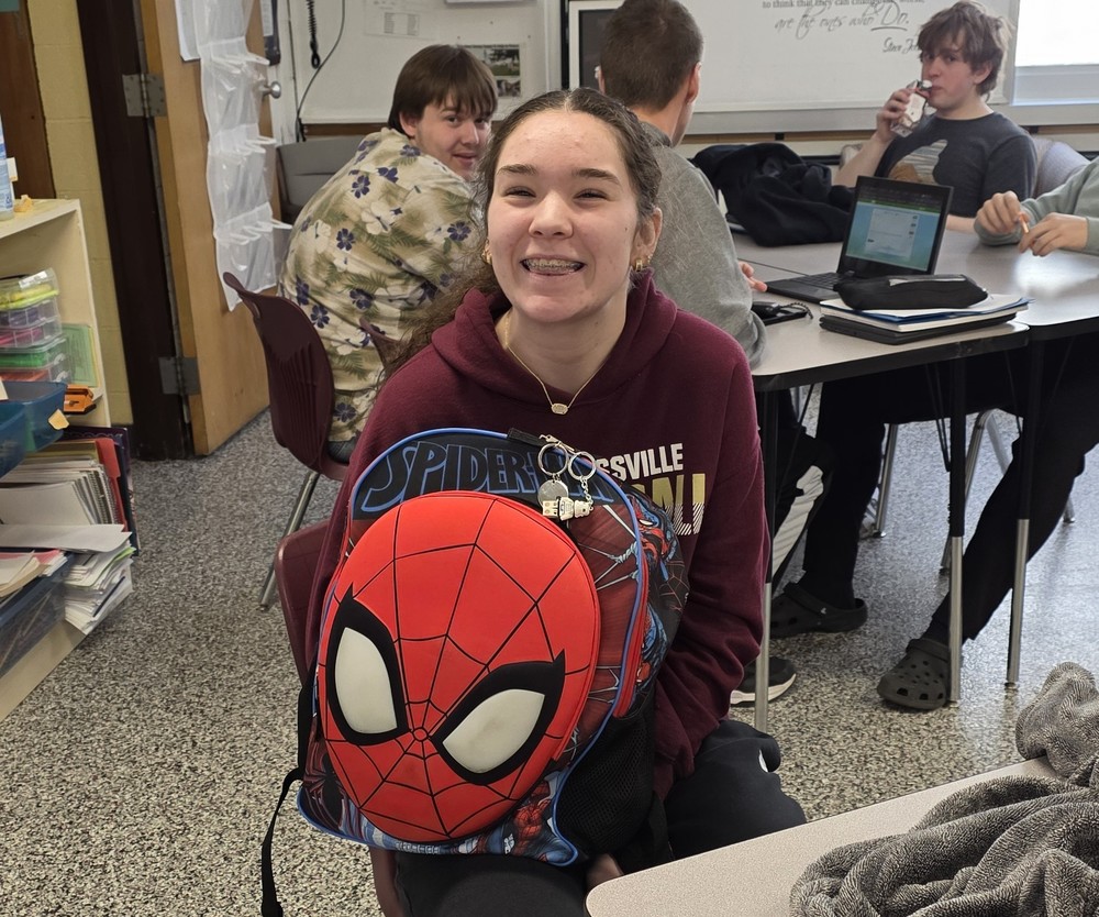 Ayva Yager with her Spiderman backpack