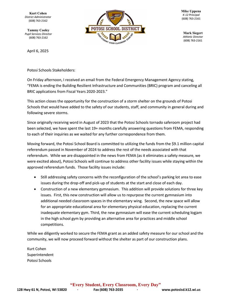 Letter from Superintendent