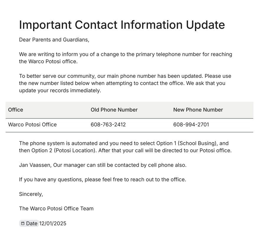 Busing Company Updated Phone Number