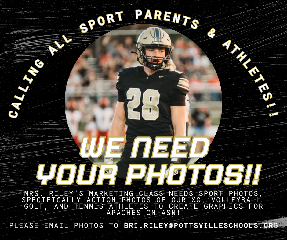 Graphic asking for sport photos, specifically cross country, volleyball, golf, and tennis. 