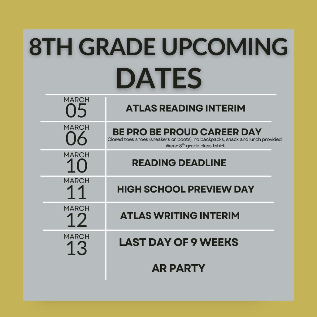 8th Grade Upcoming Important Dates