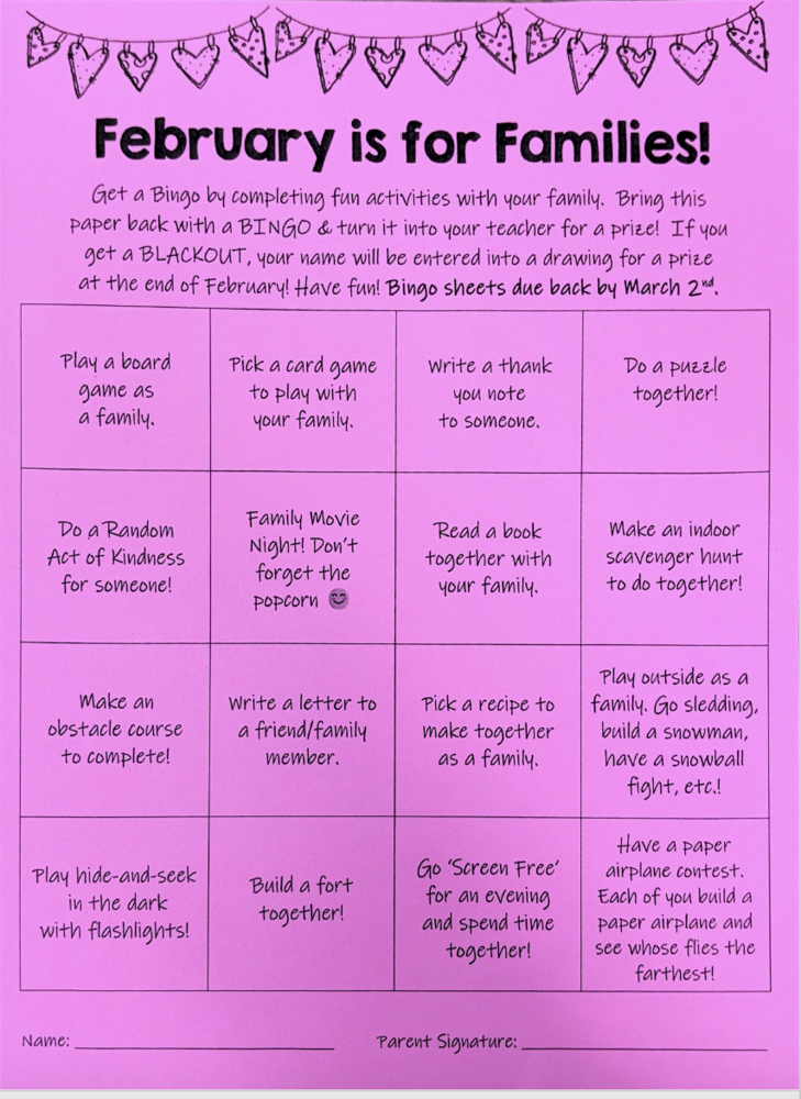 February is for Families BINGO card