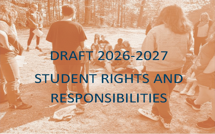 Draft cover page titled “Draft 2026–2027 Student Rights and Responsibilities” over a sepia-toned photo of a group of students gathered outdoors in a wooded area, some standing and some sitting in a circle.