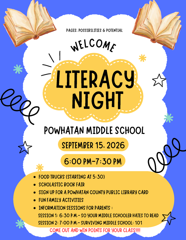 Colorful Powhatan Middle School Literacy Night flyer featuring illustrated open books and playful doodles. Event is September 15, 2026, from 6:00–7:30 p.m., with food trucks beginning at 5:30. Activities include a Scholastic Book Fair, library card sign-up, family activities, and parent information sessions.
