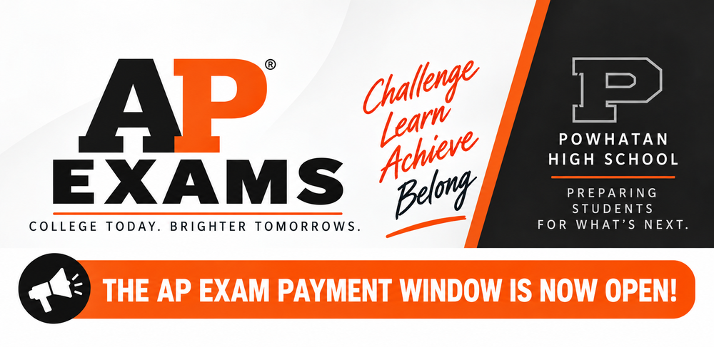 Powhatan High School AP Exams graphic announcing that the AP exam payment window is now open.