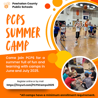Powhatan County Public Schools (PCPS) Summer Camp flyer for June and July 2025. The flyer has a bright orange and white design with bold, hand-painted style text reading "PCPS Summer Camp." It features two photos: one of children playing basketball in a gym with a coach, and another of kids working on a robotics project in a classroom. The flyer invites families to join for a summer full of fun and learning, with a registration link provided: **https://tinyurl.com/PCPSCamps2025**. A note at the bottom states that all camps have a minimum enrollment requirement.