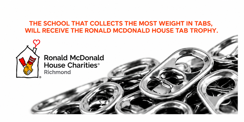 Ronald McDonald House Charities of Richmond logo beside aluminum pull tabs. Text reads: “The school that collects the most weight in tabs will receive the Ronald McDonald House Tab Trophy