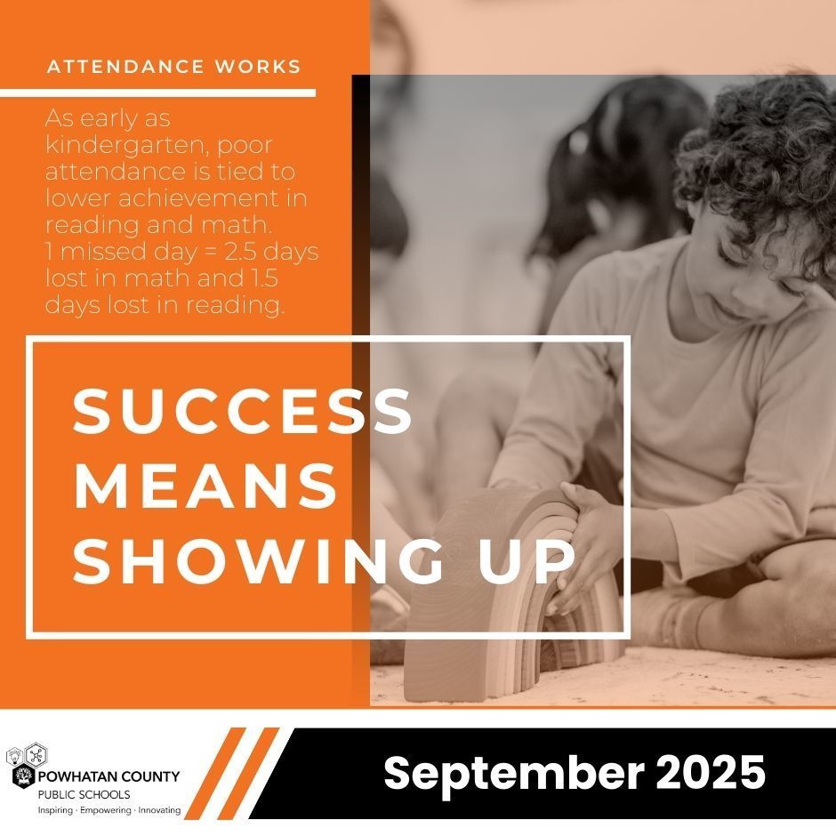 Image of a child playing. PCPS logo. Text  that reads: ATTENDANCE WORKS SUCCESS MEANS SHOWING UP As early as kindergarten, poor attendance is tied to  lower achievement in reading and math.  1 missed day = 2.5 days lost in math and 1.5 days lost in reading.