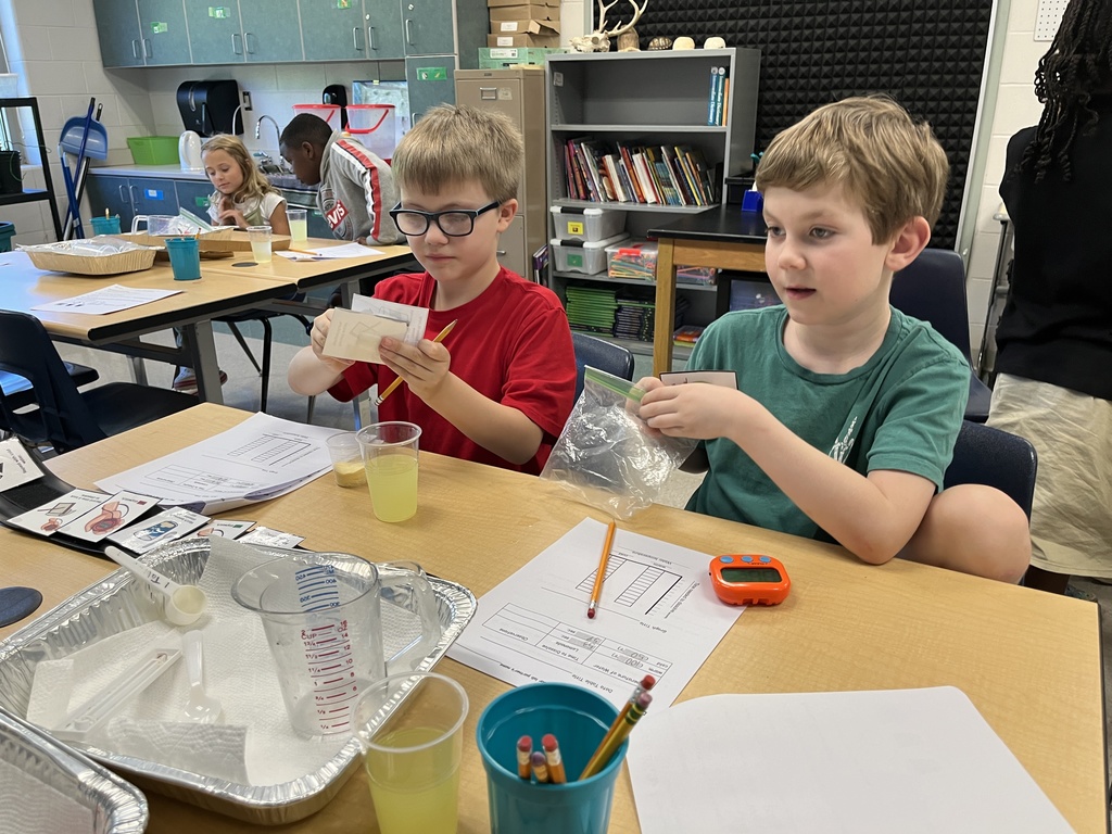 Students conduct a science experiment using lemonade.