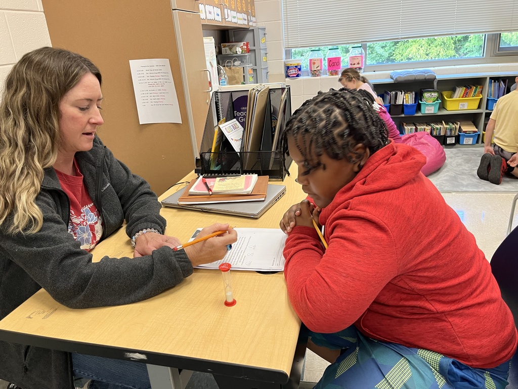 A teacher works on literacy skills with a student. 