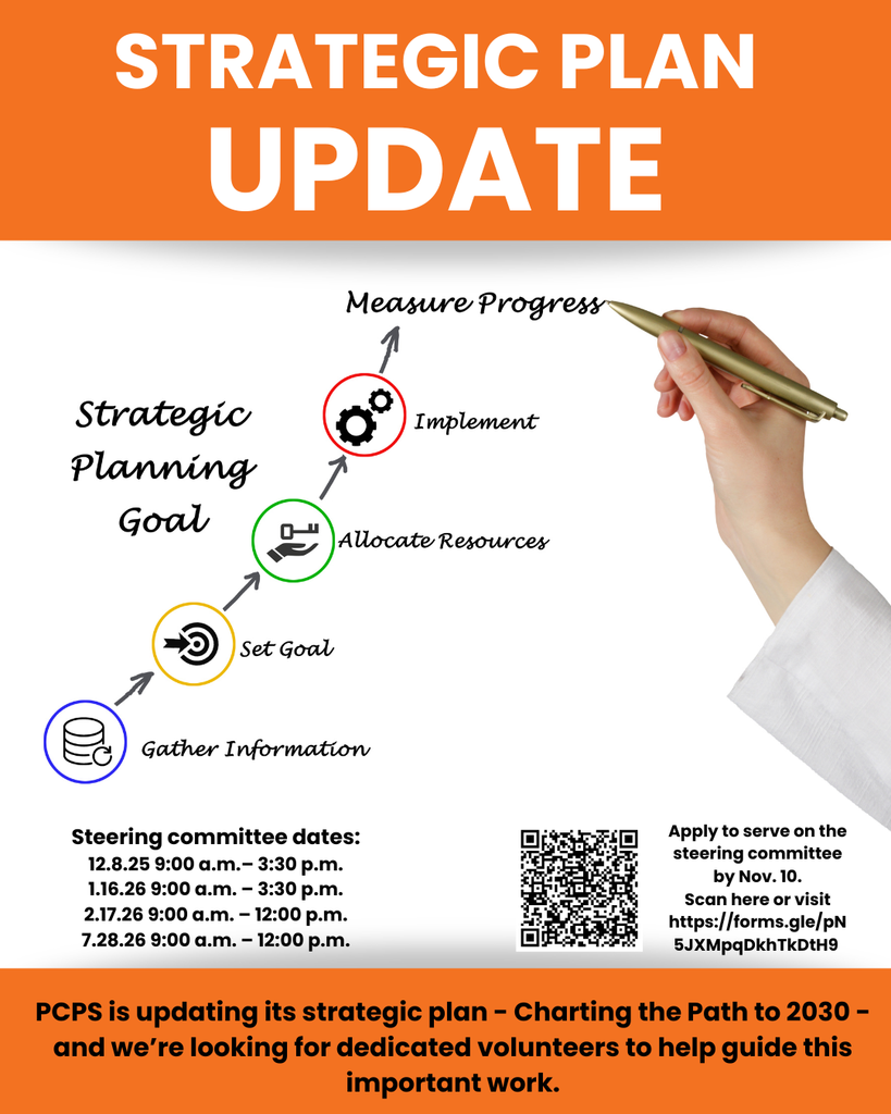 A graphic of a hand writing the steps of creating and evaluating a strategic planning goal. A QR code. Text that reads: Strategic plan UPDATE PCPS is updating its strategic plan - Charting the Path to 2030 - and we’re looking for dedicated volunteers to help guide this important work. Steering committee dates: 12.8.25 9:00 a.m.– 3:30 p.m. 1.16.26 9:00 a.m. – 3:30 p.m. 2.17.26 9:00 a.m. – 12:00 p.m. 7.28.26 9:00 a.m. – 12:00 p.m. Apply to serve on the steering committee by Nov. 10. Scan here or visit https://forms.gle/pN5JXMpqDkhTkDtH9