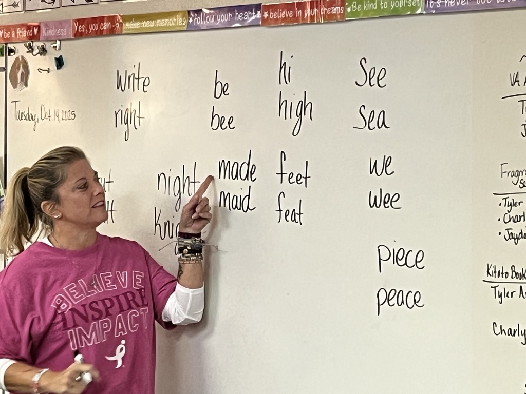 A teacher reviews homophones with a group of students. She is pointing to examples on a whiteboard. 