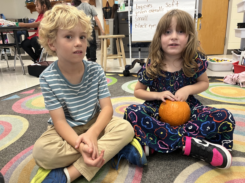 Children take turns feeling the inside of a pumpkin in class. 