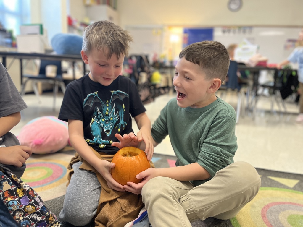 Children take turns feeling the inside of a pumpkin in class.