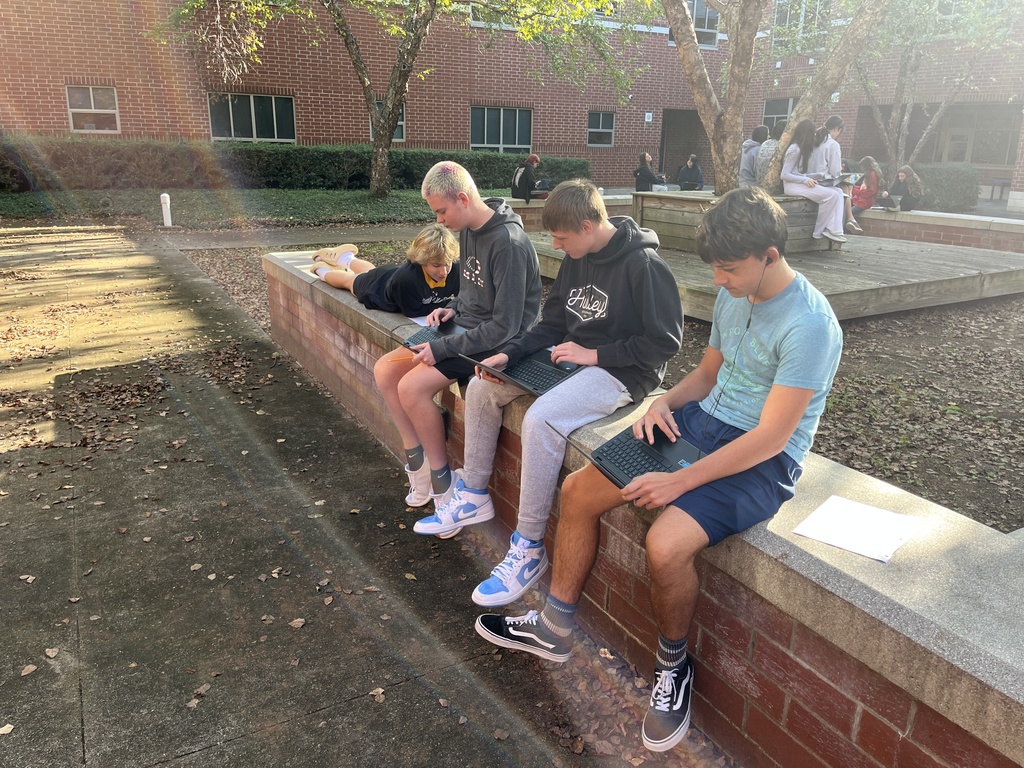 Students work in groups on a practical law assignment in a school courtyard.