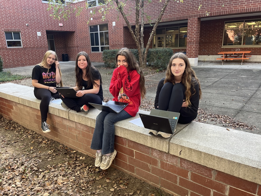 Students work in groups on a practical law assignment in a school courtyard.