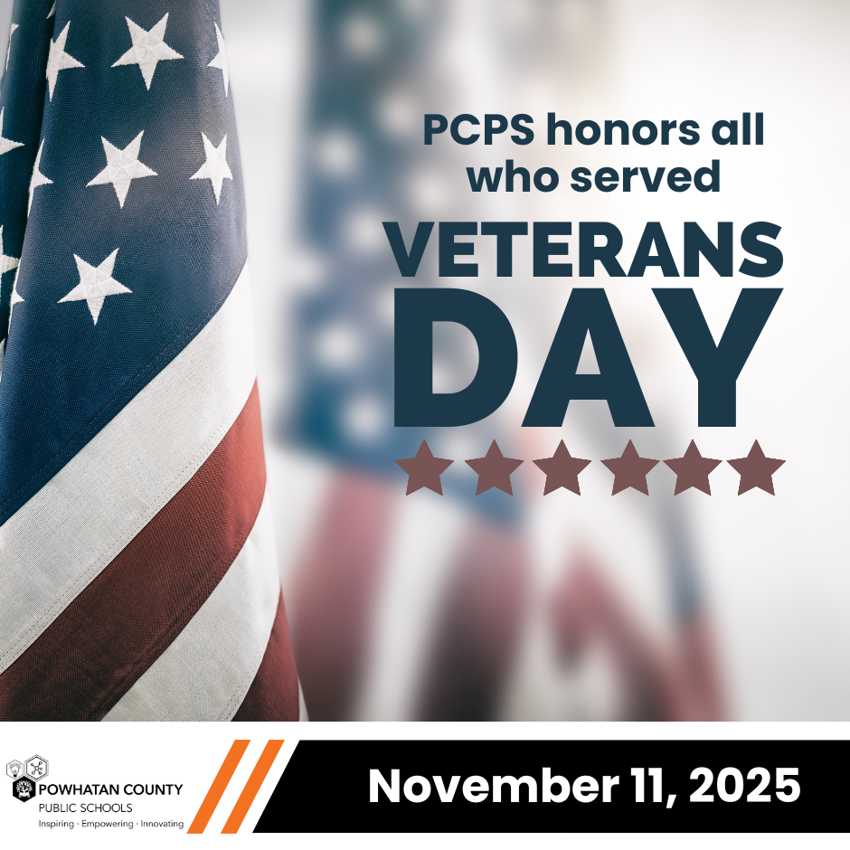 PCPS logo. US flag. Text that reads: PCPS honors all who served. Veterans Day. November 11, 2025