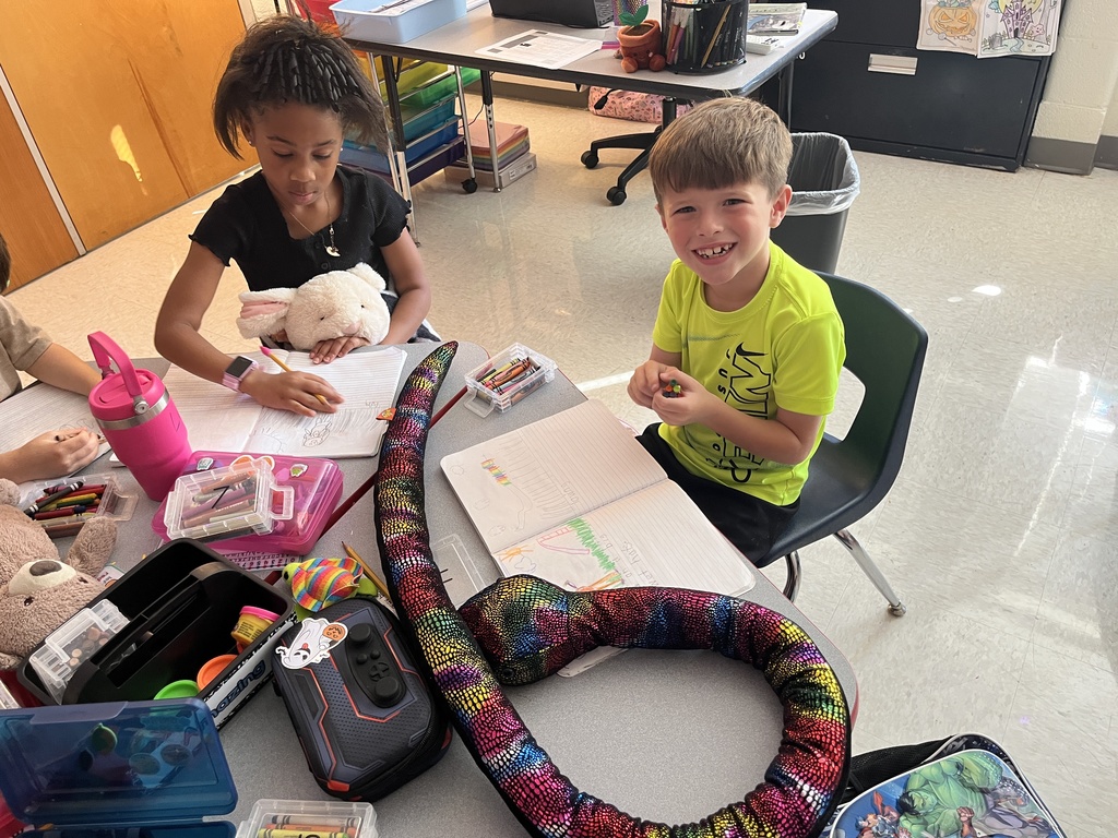 Students use  a stuffie they brought to school for a writing assignment. 