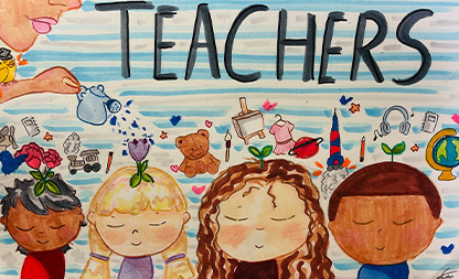 Drawing of a teacher watering the minds of children. Text: TEACHERS