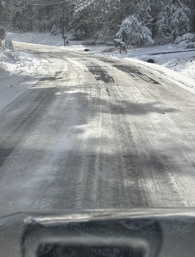 Icy road viewed from a car.