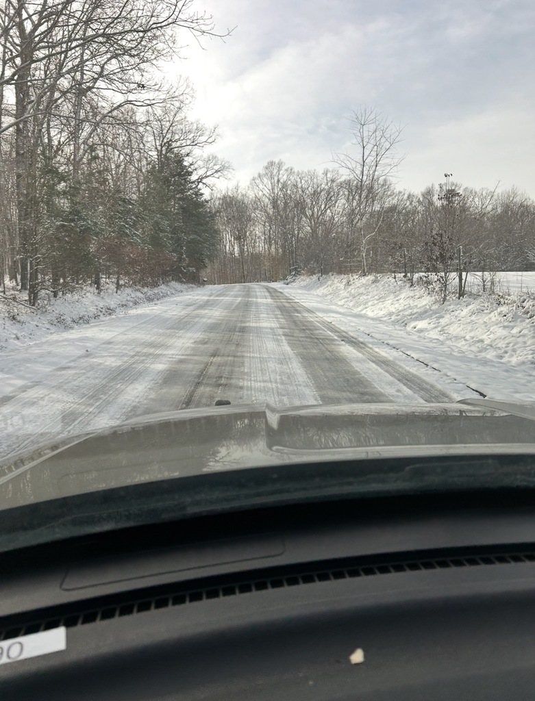 Icy road viewed from a car.