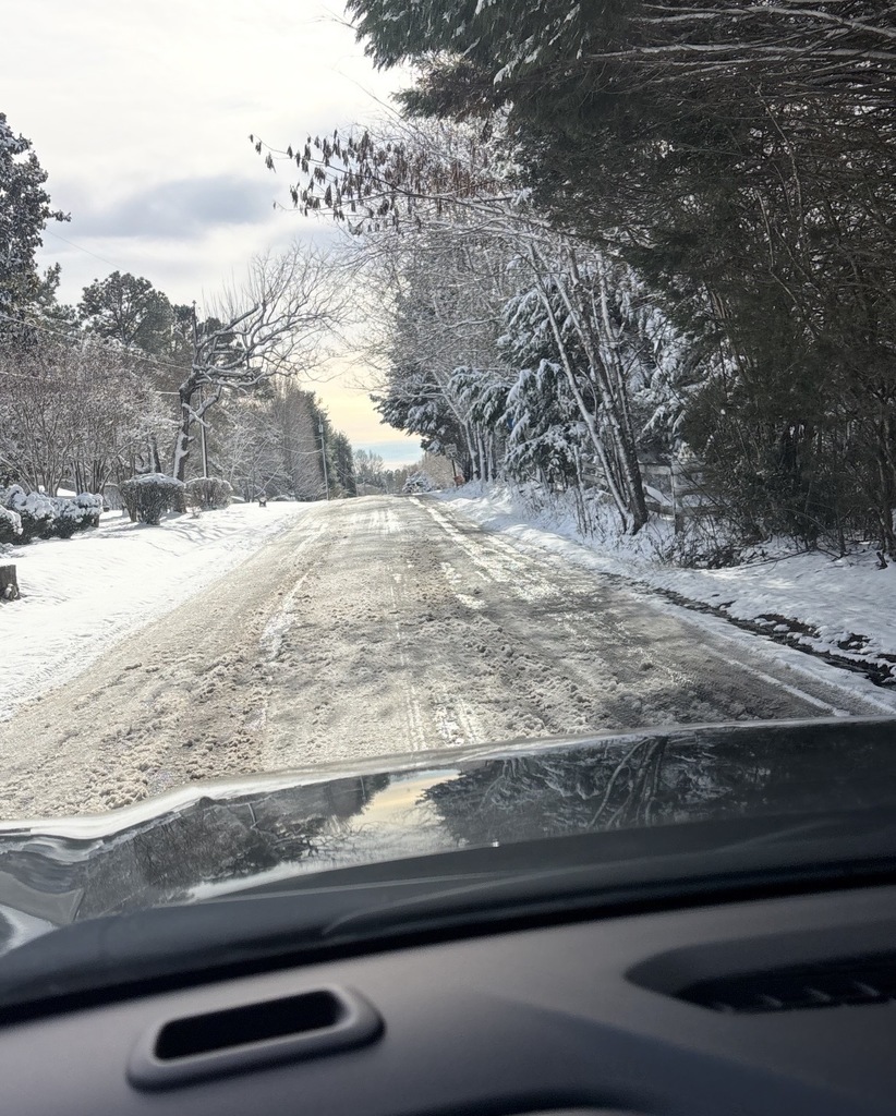Icy road viewed from a car.