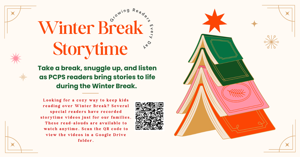 Illustration of open books stacked in the shape of a tree with a star on top, promoting Winter Break Storytime read-aloud videos from PCPS available through a QR code.