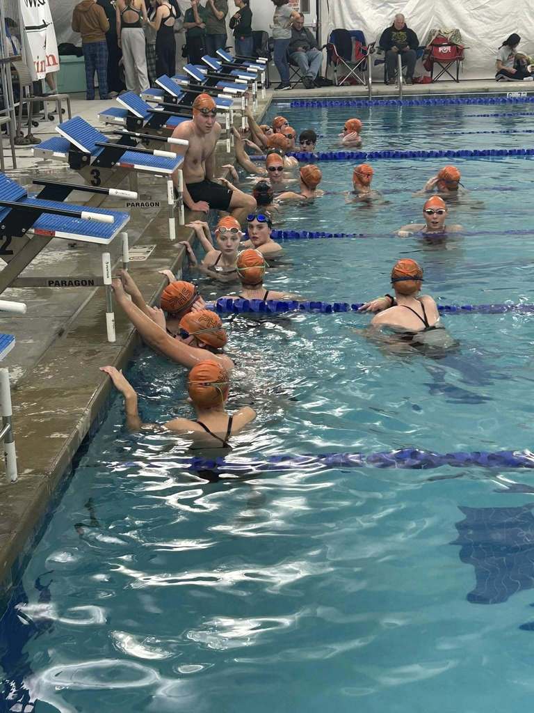 Students on the swim team swim in the pool.