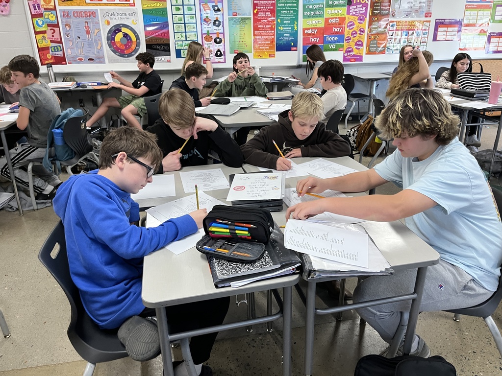 Students in Spanish class write poems about themselves in Spanish.