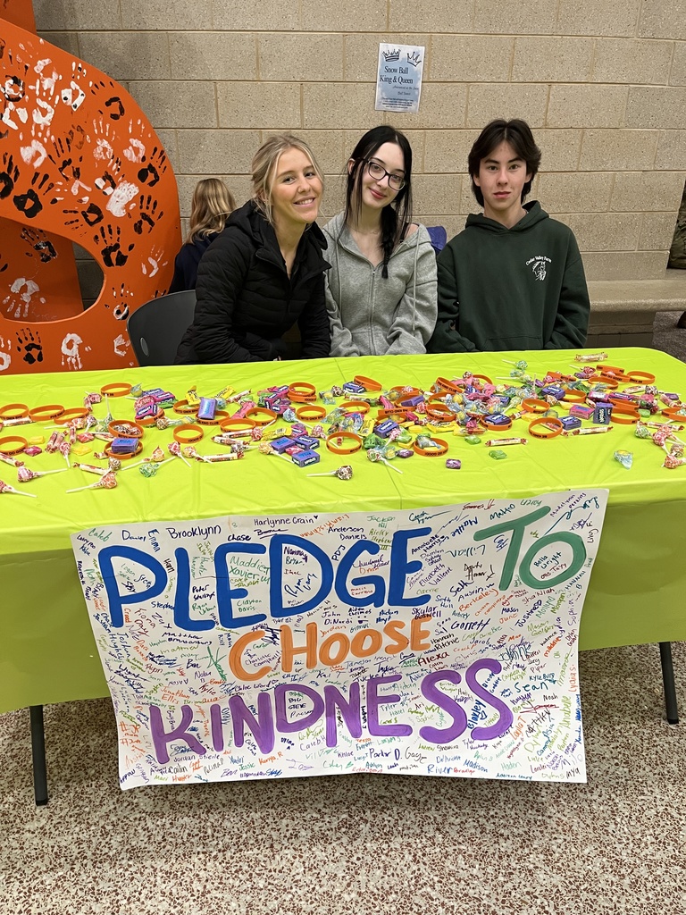 Students pose at a booth at a high school information night.