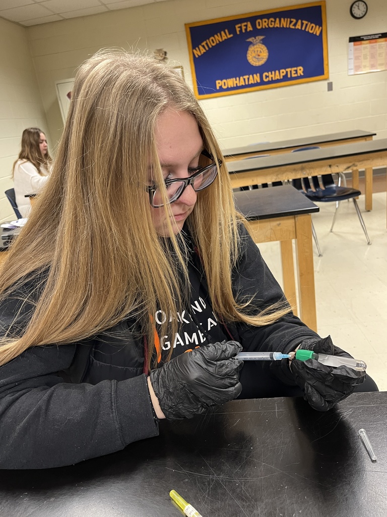 A veterinary science student works on a lab showing how to mix a vaccine.