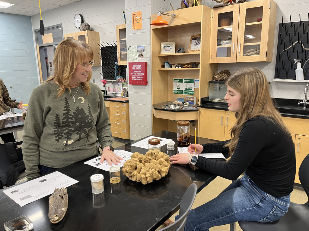 Students conduct a lab where they identify speciments. A teacher helps a student.
