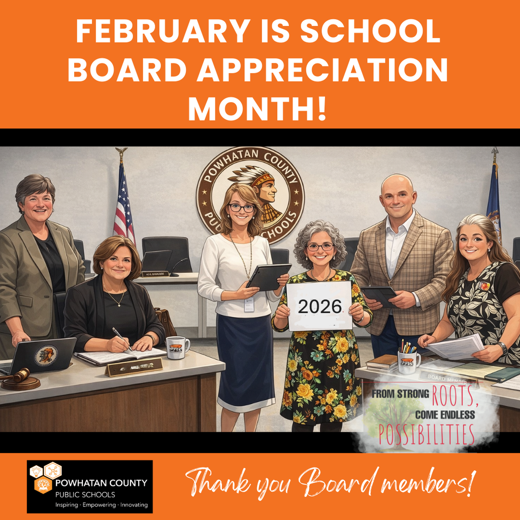 Main focus is a ChatGPT generated cartoon-like image of the five school board members and the superintendent in a board room. Text reads: February is school board appreciation month. Thank you board members.