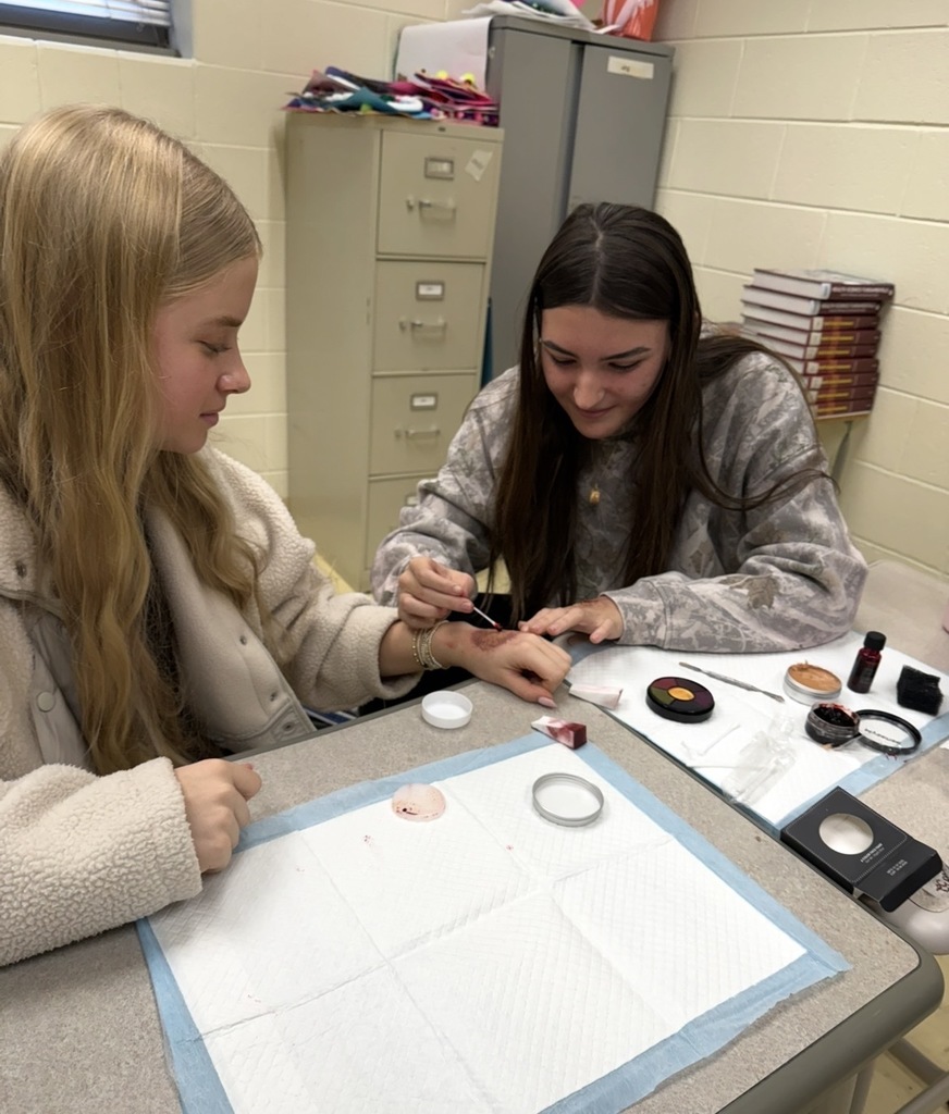 Students use makeup techniques to create realistic wounds and bruises as part of their study of the skin.