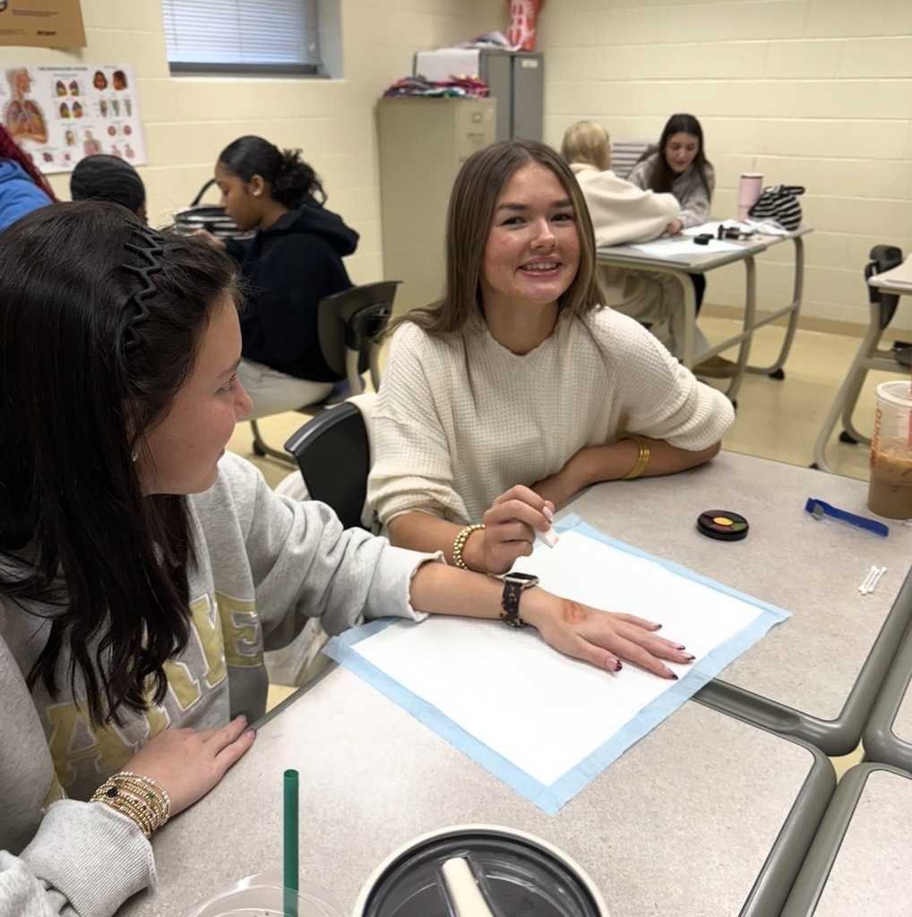 Students use makeup techniques to create realistic wounds and bruises as part of their study of the skin.