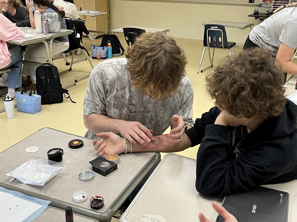 Students use makeup techniques to create realistic wounds and bruises as part of their study of the skin.