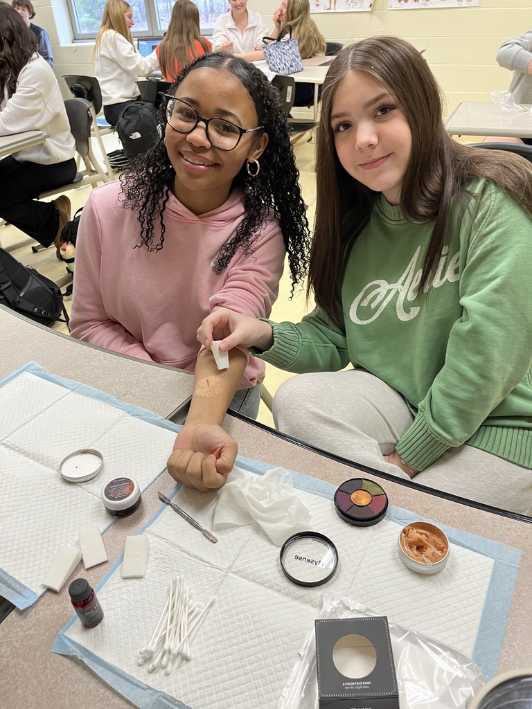 Students use makeup techniques to create realistic wounds and bruises as part of their study of the skin.