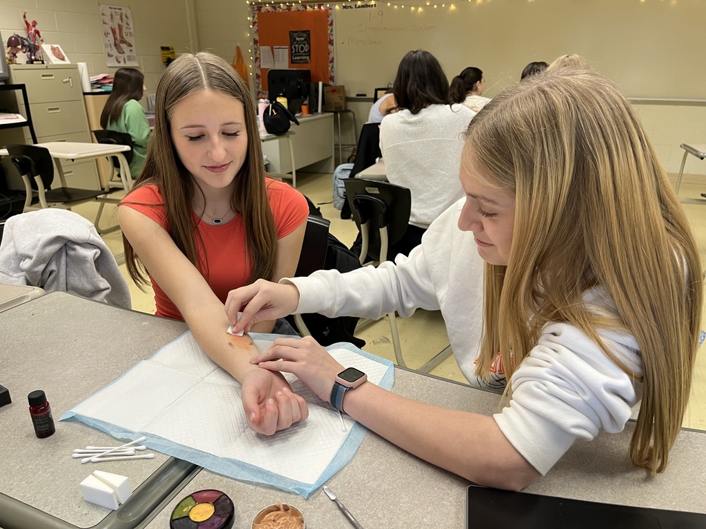 Students use makeup techniques to create realistic wounds and bruises as part of their study of the skin.