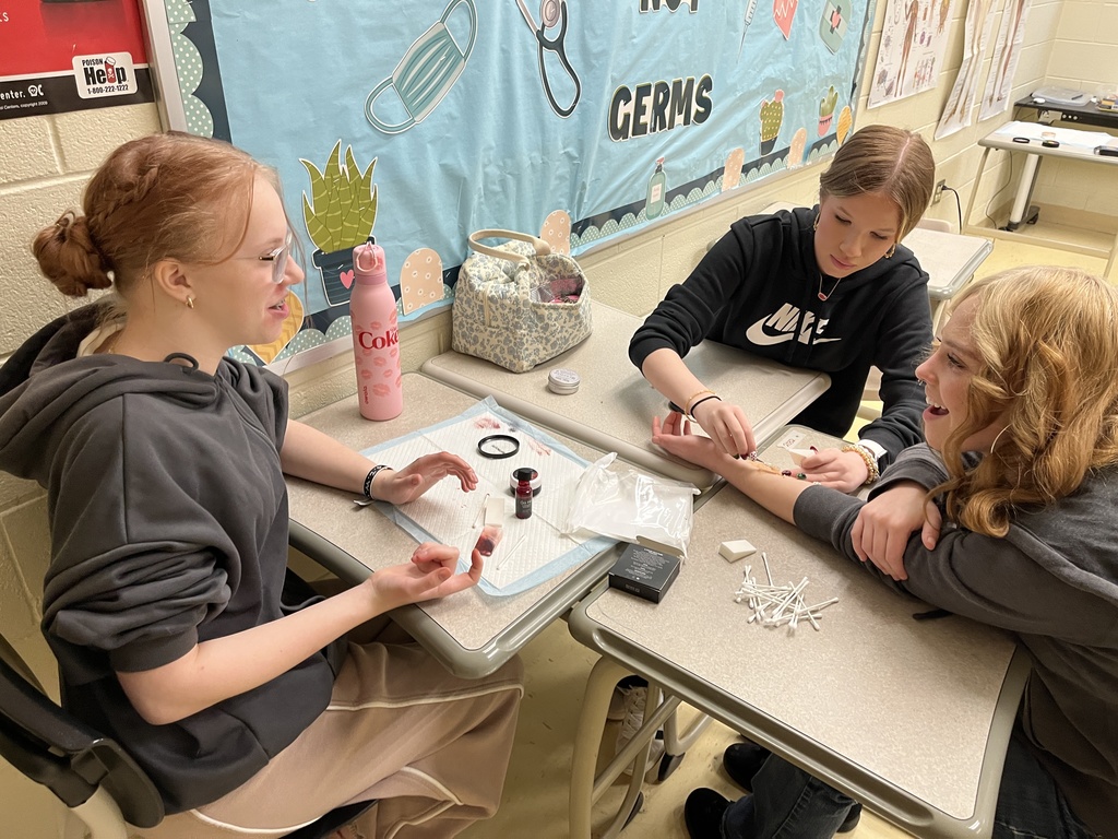 Students use makeup techniques to create realistic wounds and bruises as part of their study of the skin.