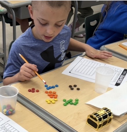 A student uses M&Ms to practice his skills collecting and recording data.