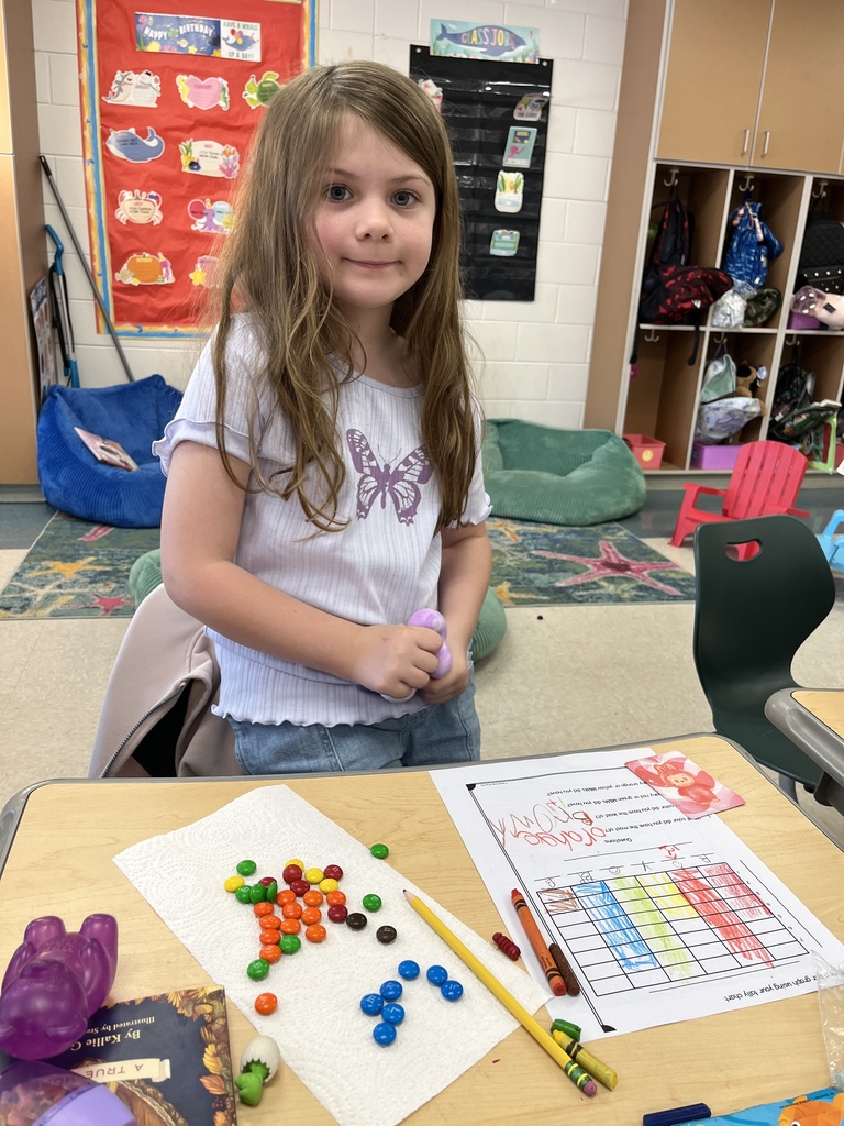 A student uses M&Ms to practice her skills collecting and recording  data.