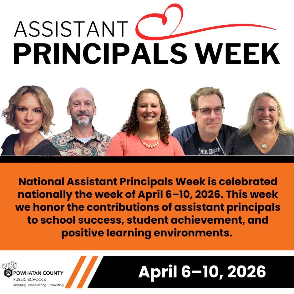 Cutout photos of five adults. PCPS logo. Text: April 6–10, 2026 ASSISTANT PRINCIPALS WEEK National Assistant Principals Week is celebrated nationally the week of April 6–10, 2026. This week we honor the contributions of assistant principals to school success, student achievement, and positive learning environments.