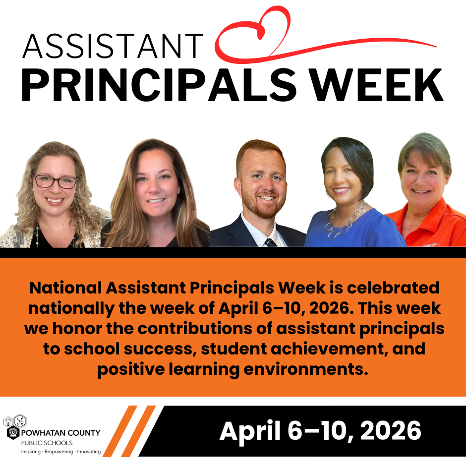 Cutout photos of five adults. PCPS logo. Text: April 6–10, 2026 ASSISTANT PRINCIPALS WEEK National Assistant Principals Week is celebrated nationally the week of April 6–10, 2026. This week we honor the contributions of assistant principals to school success, student achievement, and positive learning environments.