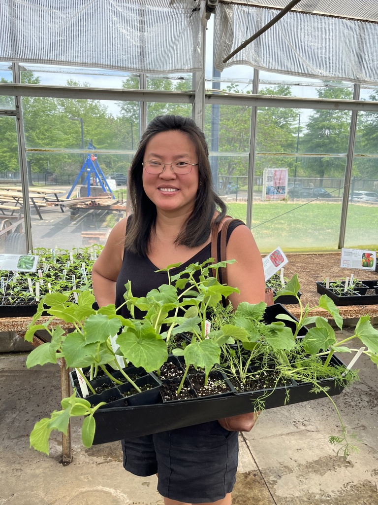 A woman browses plants  at a plant sale.